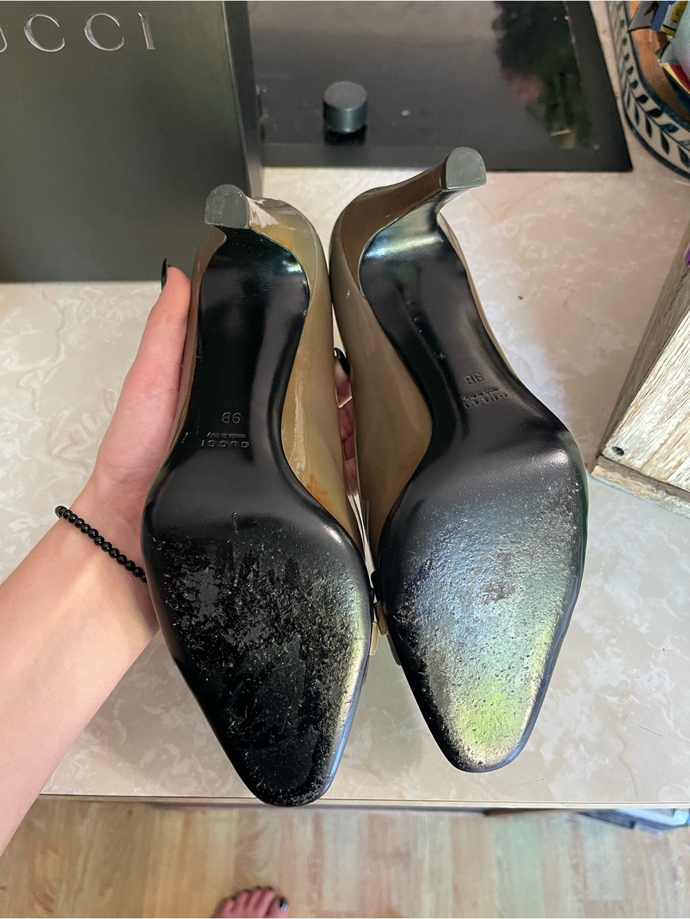 Gucci Patent Leather Buckle Pumps Heels Smoke Grey Gray Size 39B Italy Box flaw - Picture 14 of 15
